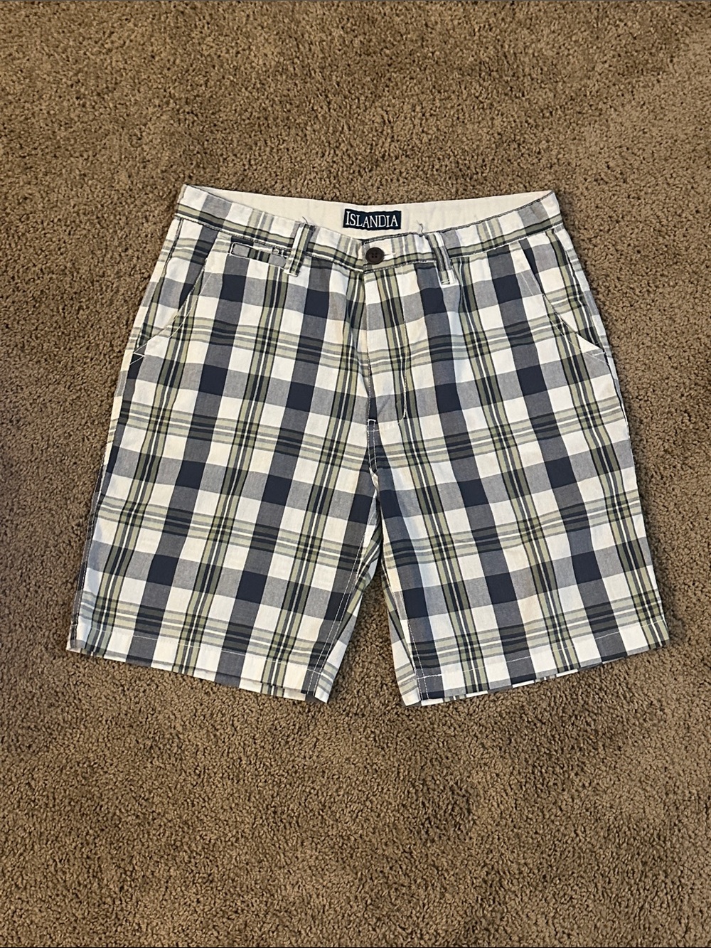 Islandia Men’s White & Navy Plaid Flat Front Shorts